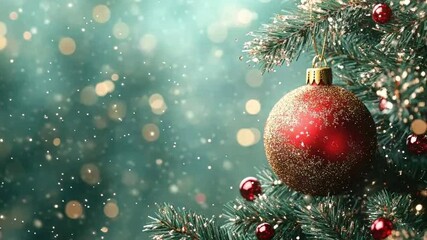 Wall Mural - christmas ball ornament hangs gracefully on a snow-dusted evergreen branch, creating a festive and c