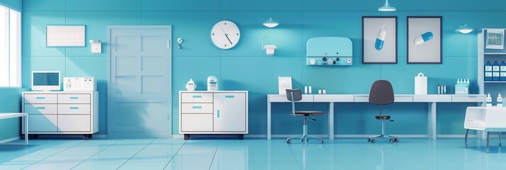 Poster - The medical office features a tidy layout with clinical furnishings, essential equipment, and a calming color scheme for patient comfort. Generative AI