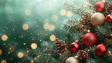 Wall Mural - christmas balls ornament hangs gracefully on a snow-dusted evergreen branch, creating a festive and 