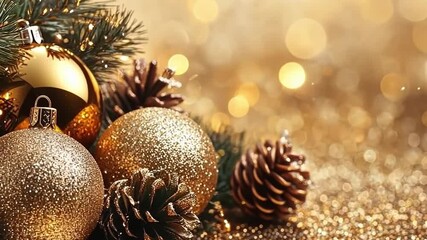 Wall Mural - christmas balls, cones on the branches of a fir tree on a background of golden bokeh. copy space