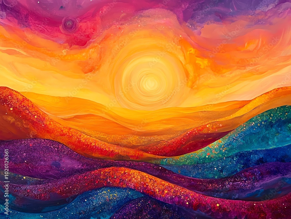 Create a playful, abstract painting of a sunset, where the colors blend ...