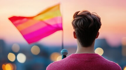 A person standing in front of a microphone, addressing a crowd, advocating for LGBTQ rights and equality.