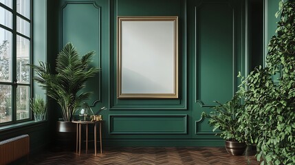 Canvas Print - Green wall with a large blank frame, potted plants, and a wooden floor.