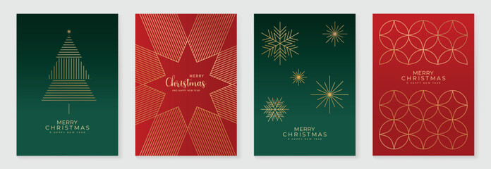 luxury christmas invitation card art deco design vector. christmas tree, snowflake, firework line ar