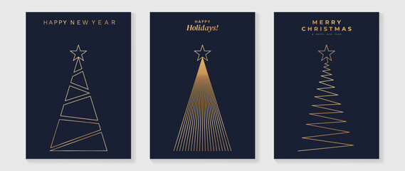 Wall Mural - Luxury christmas invitation card art deco design vector. Christmas tree, star line art on navy blue background. Design illustration for cover, poster, wallpaper.