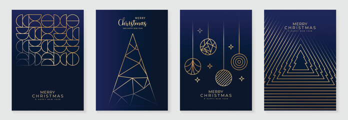 Sticker - Luxury christmas invitation card art deco design vector. Christmas tree,  snowflake, bauble ball line art on navy blue background. Design illustration for cover, poster, wallpaper.