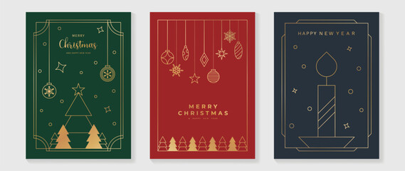 Wall Mural - Luxury christmas invitation card art deco design vector. Christmas tree, star, bauble ball, candle line art on green, red and navy blue background. Design illustration for cover, poster, wallpaper.
