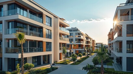 Wall Mural - A new residential complex with modern seven-story buildings. The buildings feature contemporary architectural design with bright facades, and wide balconies that provide a sense of space and airiness.