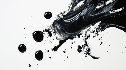 Poster - Dynamic black ink splatter on white background. Abstract expressionism, creative chaos, and spontaneous art concept