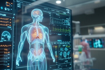 Aufkleber - man's body is displayed on a computer monitor. The image is of a man's skeleton and organs, and it is displayed in a hospital setting. Concept of medical technology