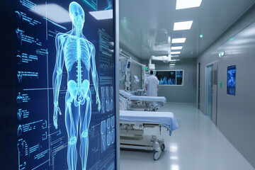 Aufkleber - man's body is displayed on a computer monitor. The image is of a man's skeleton and organs, and it is displayed in a hospital setting. Concept of medical technology