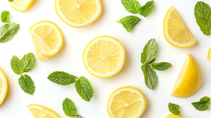 Fresh lemon slices and mint leaves arranged on a white background, perfect for culinary, beverage, or refreshing summer recipes.