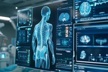 Aufkleber - computer monitor displays a skeleton with a blue glow. The image is of a hospital room with a bed and a person standing in the background. Scene is eerie and unsettling
