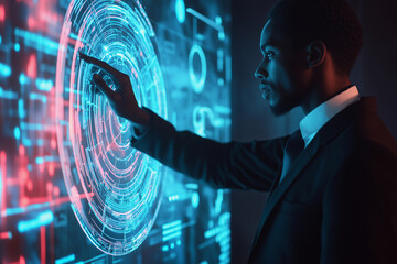  man is pointing at a glowing circle on a computer screen. The circle is surrounded by a series of lines and dots, creating a complex and intricate design