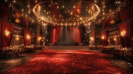 Aufkleber - A banquet hall, with a stage in front. The stage to have a led screen and bulbs on the ceiling. walls and drapes. The floor is carpeted in red and there are seating and cocktail tables all around.