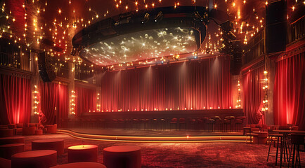 Aufkleber - A banquet hall, with a stage in front. The stage to have a led screen and bulbs on the ceiling. walls and drapes. The floor is carpeted in red and there are seating and cocktail tables all around.