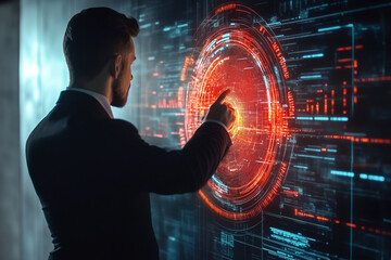 Aufkleber -  man is pointing at a glowing circle on a computer screen. The circle is surrounded by a series of lines and dots, creating a complex and intricate design