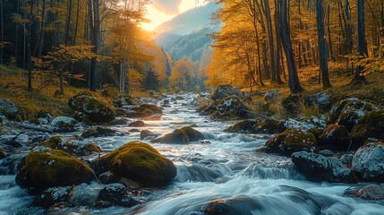 Poster - The stream flows down the mountain, with rocks and moss on both sides of it. The trees in autumn at sunrise glow with a golden light, and the mountains covered by forests in the distance stand behind.