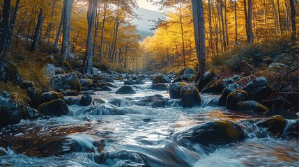Poster - The stream flows down the mountain, with rocks and moss on both sides of it. The trees in autumn at sunrise glow with a golden light, and the mountains covered by forests in the distance stand behind.