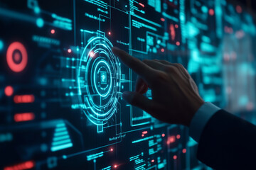Aufkleber - man is touching a blue circle on a computer screen. The circle is surrounded by a blue and orange border. The man is wearing a suit and tie