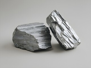 two metallic neodymium rocks symbolize rare earth elements. isolated background.