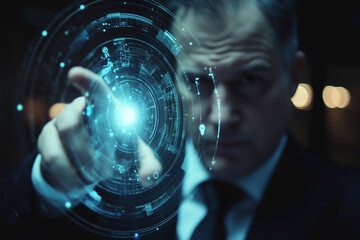 Aufkleber -  man is pointing at a blue screen with a lot of dots. Concept of technology and innovation, as the man's hand is reaching out to interact with the digital display
