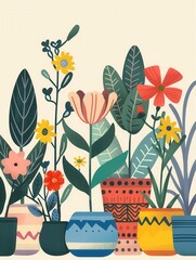Poster - Brightly colored flowers in various pots create a lively display, ideal for enhancing any indoor or outdoor space with charm. Generative AI