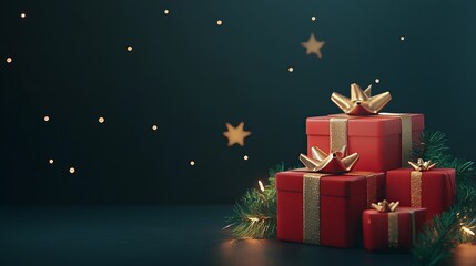 Wall Mural - beautifully wrapped christmas presents surrounded by sparkling stars and soft holiday lights, featur