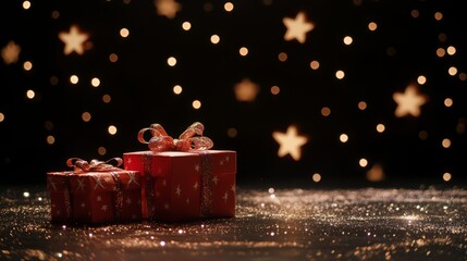 Wall Mural - beautifully wrapped christmas presents surrounded by sparkling stars and soft holiday lights, featur