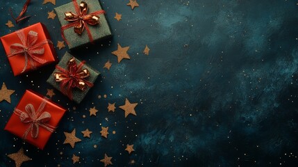 Wall Mural - beautifully wrapped christmas presents surrounded by sparkling stars and soft holiday lights, featur