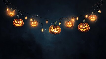 Wall Mural - Halloween-themed string lights with illuminated pumpkin bulbs on a dark backdrop, providing a festive and spooky look.