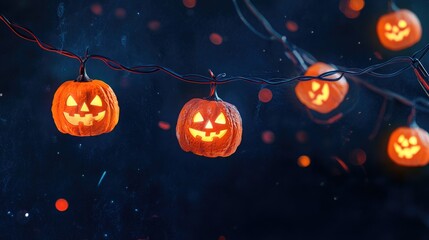 Wall Mural - Halloween-themed string lights with illuminated pumpkin bulbs on a dark backdrop, providing a festive and spooky look.