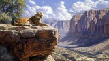 Cougar perched on a cliff overlooking a canyon