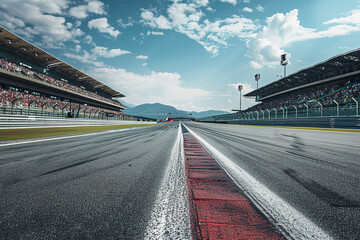 A race track with a large crowd of people watching the race.,