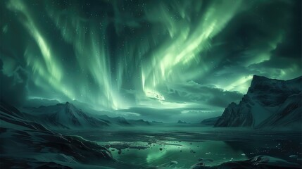 Poster - A dark landscape with powerful green auroras in the sky.
