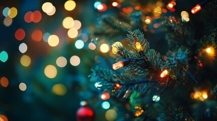 Wall Mural - festive christmas tree with twinkling lights and ornaments, illuminating a cozy living room setting,