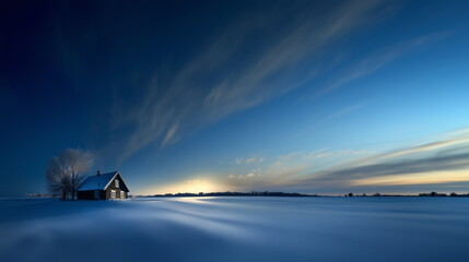 Poster - At dawn, under a dim sky with the rising sunlight in the background, a small house and a single tree stand in the middle of a vast field covered in white snow. Quiet and peaceful, winter landscape.