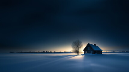 Poster - At dawn, under a dim sky with the rising sunlight in the background, a small house and a single tree stand in the middle of a vast field covered in white snow. Quiet and peaceful, winter landscape.