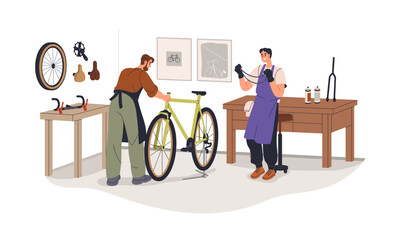 Poster - Bicycle repair shop. Men mechanics fixing and adjusting bike chain. Cycle maintenance service, work garage, workshop. Workers, repairmen. Flat vector illustration isolated on white background