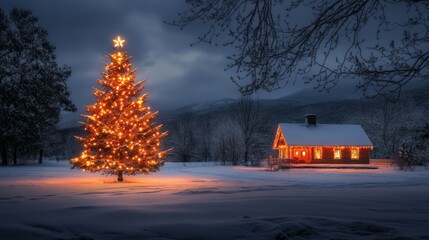 Wall Mural - festive christmas tree with twinkling lights and ornaments, illuminating a cozy living room setting,