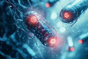 Aufkleber -  image is a computer-generated representation of a cell with glowing red parts. The cell is surrounded by a blue background, and the glowing red parts are scattered throughout the cell