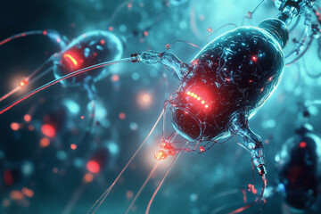 Aufkleber -  image is a computer-generated representation of a cell with glowing red parts. The cell is surrounded by a blue background, and the glowing red parts are scattered throughout the cell