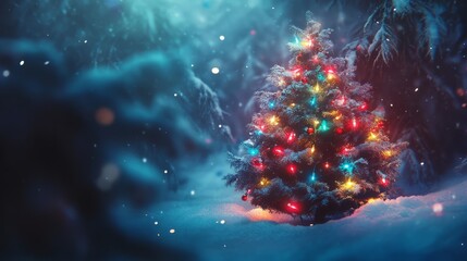 Wall Mural - festive christmas tree with twinkling lights and ornaments, illuminating a cozy living room setting,