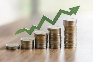Poster -  green arrow is on top of a pile of coins. The coins are stacked in a pyramid shape
