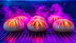 © Serjio - Bollos al vapor iluminados con luces de neón púrpura, que resaltan el vapor saliendo de los bollos. La presentación es moderna y vibrante.