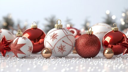 Wall Mural - festive christmas white background with 3d rendered christmas balls, ornaments, and holiday decorati