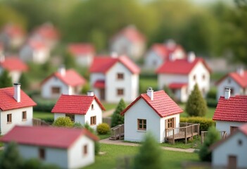 Miniature model village with white houses and red roofs displaying a quaint and charming community setting