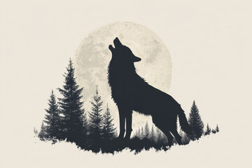 Naklejka na meble A majestic wolf howling against a full moon amidst silhouetted trees and flying birds, capturing the essence of wilderness.