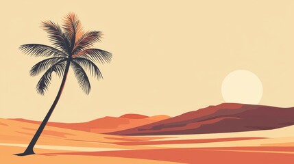 A serene desert landscape featuring a tall palm tree against a warm sunset backdrop, perfect for relaxation and travel themes.