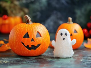 Poster - Halloween Crafts Orange Pumpkin and Ghost on Background